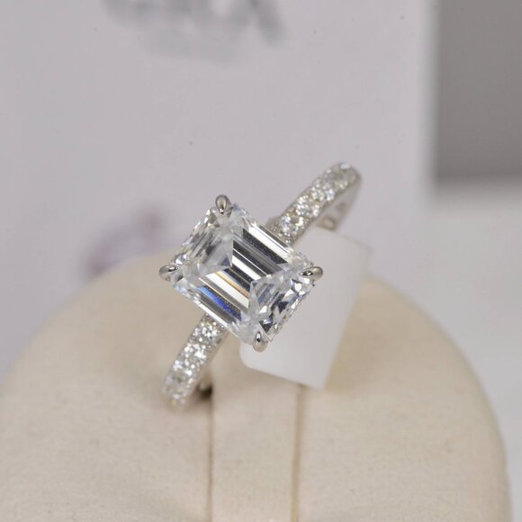 Certified 4.6ct Emerald Cut with Hidden Halo Moissanite Ring 925 Sterling - Picture 13 of 16